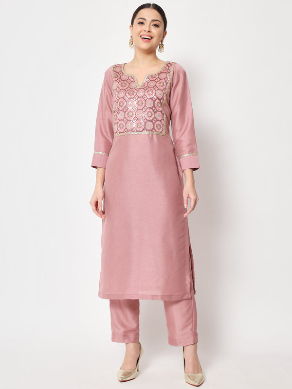 Women's Simple Mauve Sequin Embroidered Kurti With Straight Pants - Anokherang