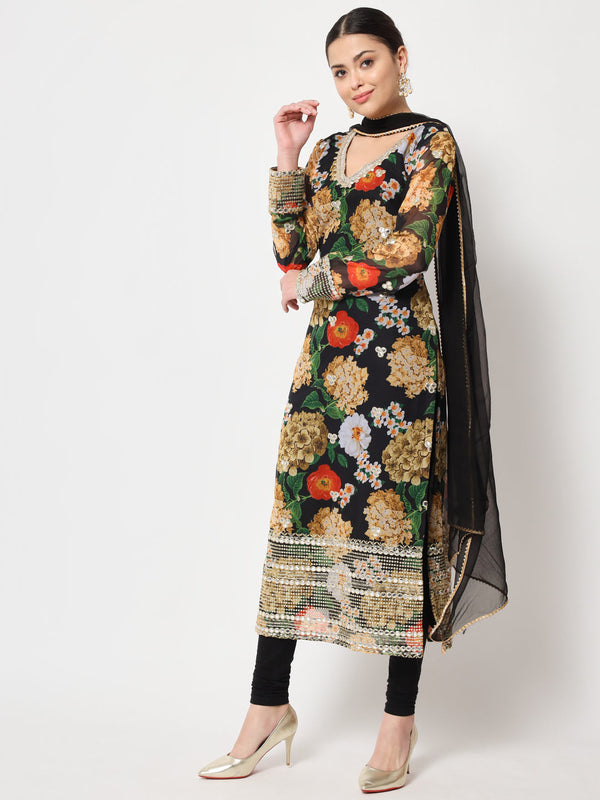 Women's Black Floral Printed Embroidered Kurti With Churidaar And Dupatta - Anokherang