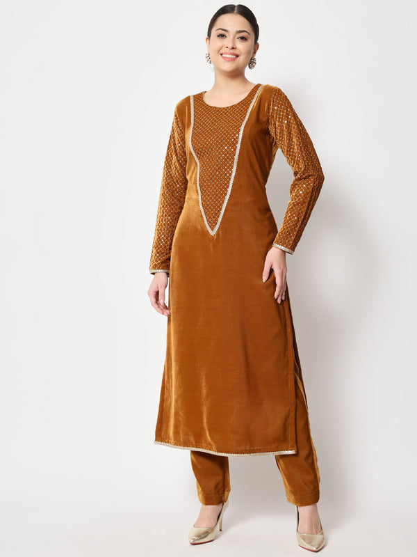 Women's Mustard Sequin Yoke Velvet Kurti With Straight Pants - Anokherang