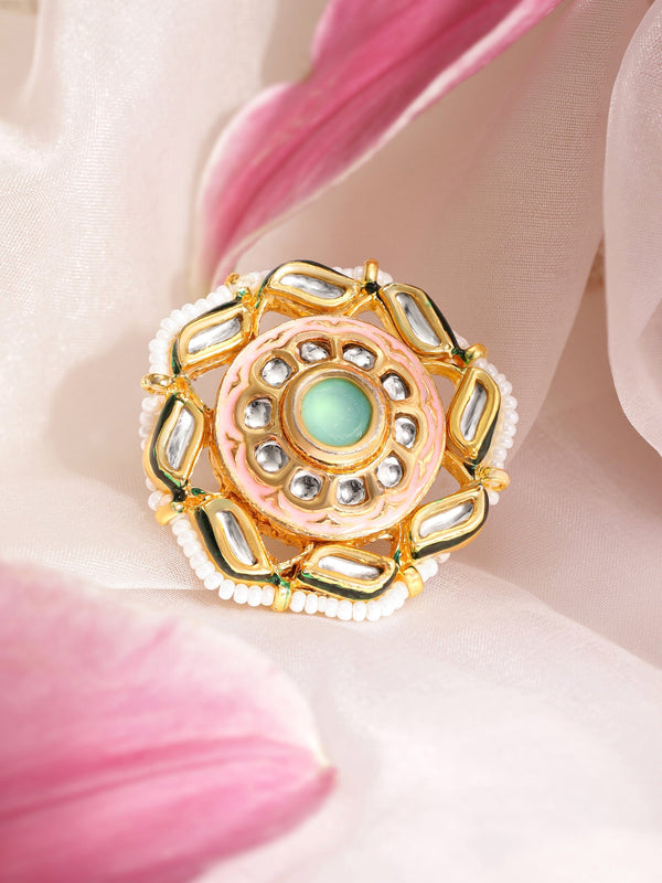 Rubans 22K Gold plated kundan crystal with pastel enamel and pearl Regal Ring