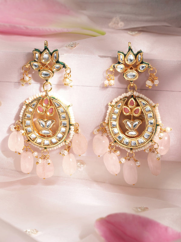 Rubans 22K Gold plated Kundan crystal with pastel pink beaded and pearls Regal chandbali Earrings