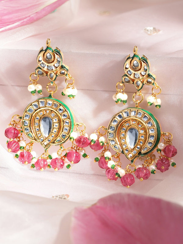 Rubans 22K Gold plated Kundan crystal with purple gem and pearl beaded Statement Regal Chandbali Earrings