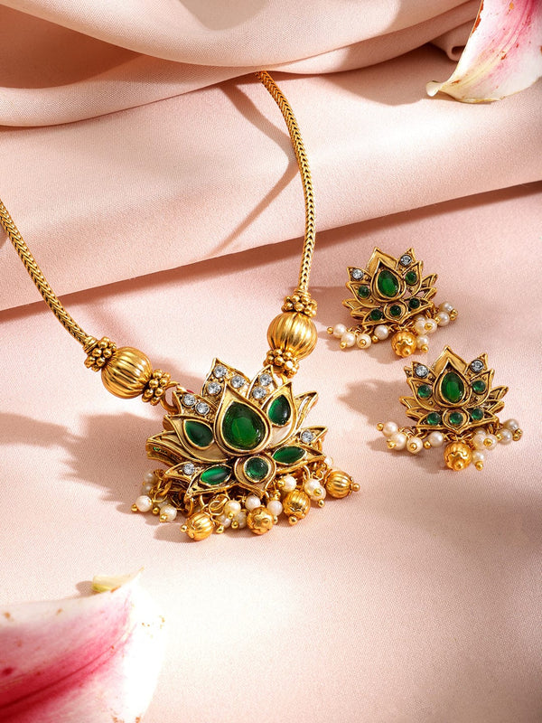 22KT Gold Plated Brass Emerald Studded Jewellery Set