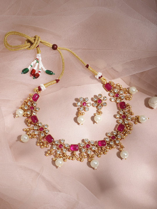 22KT Gold Plated Brass Metal Ruby Studded White Beaded Floral Necklace Set