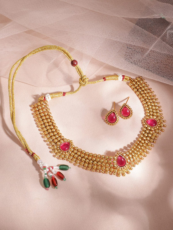 22KT Gold Plated Brass Red Stone Studded Necklace Set