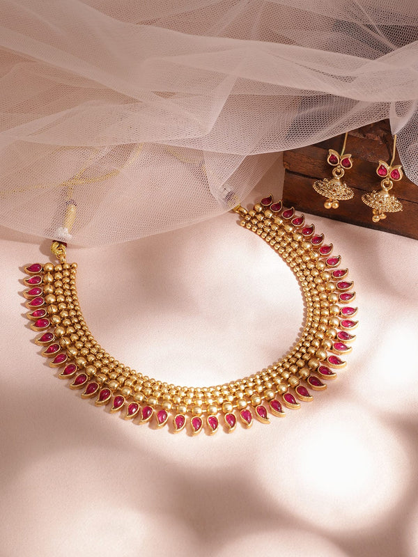 22KT Gold Plated Brass Red Stone Studded Necklace Set