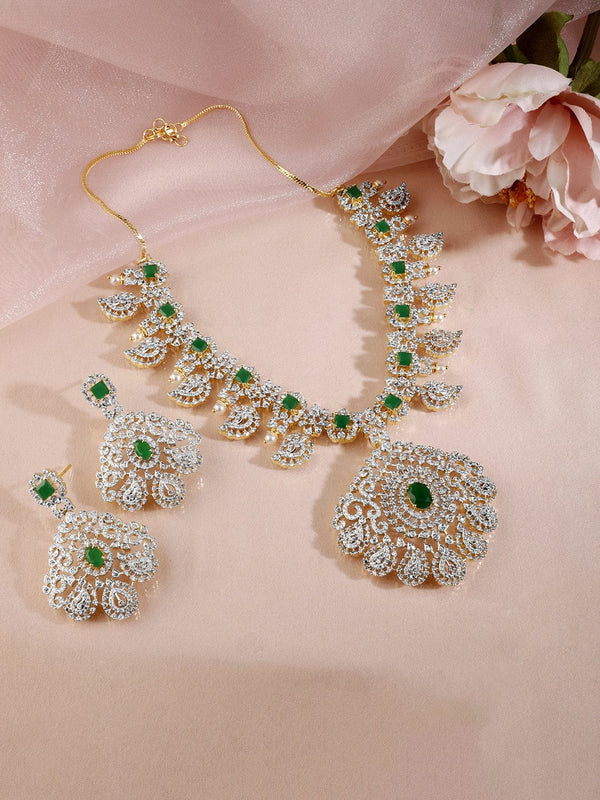 22KT  Gold Plated Luxury  AAA Cubic Zircona And Emerald Studded  Necklace Set