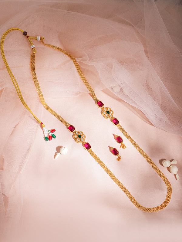 22KT Gold Plated Ruby Stone Studded  Beaded Necklace And Earrings