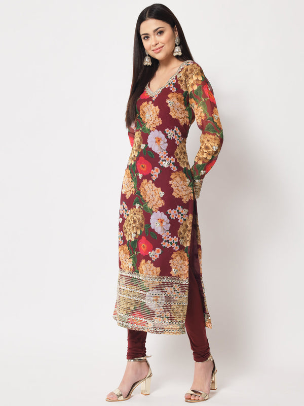 Women's Wine Floral Printed Embroidered Kurti With Churidar - Anokherang