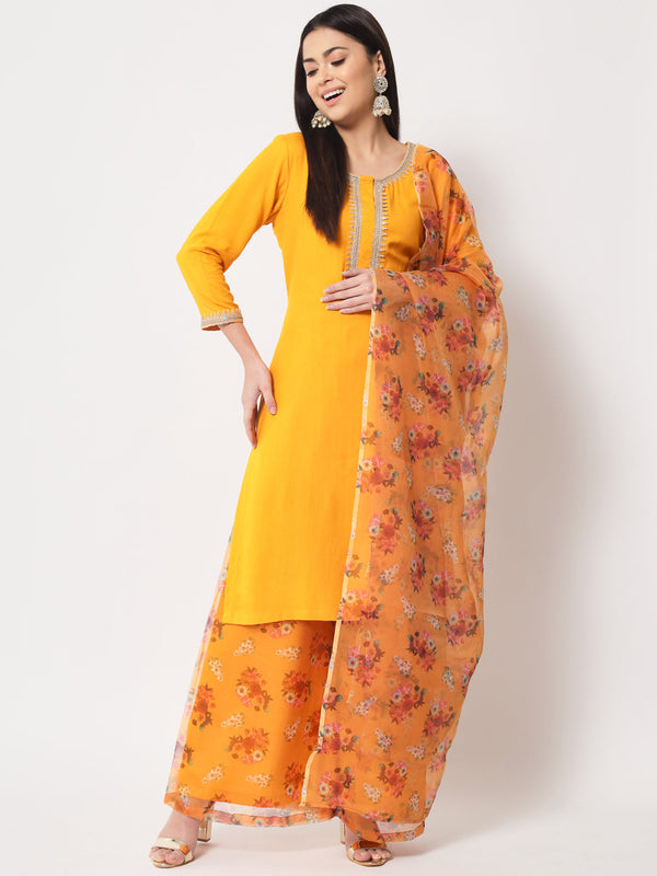 Women's Floral Mustard Straight Kurti With Floral Palazzo And Dupatta - Anokherang