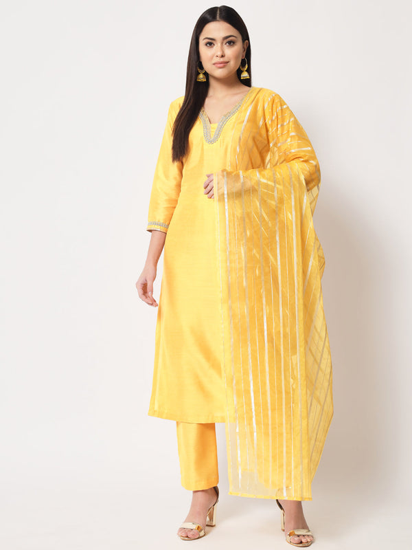 Women's Mustard Smiles Straight Kurti With Pants And Dupatta - Anokherang