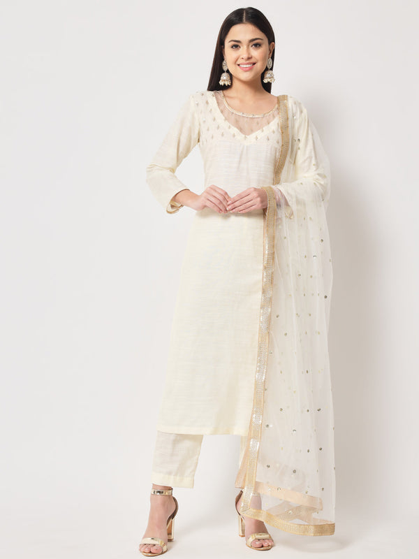 Women's Glowing Ivory Straight Kurti With Straight Pants And Dupatta - Anokherang