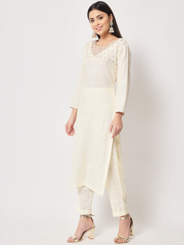 Women's Glowing Ivory Straight Kurti With Straight Pants - Anokherang