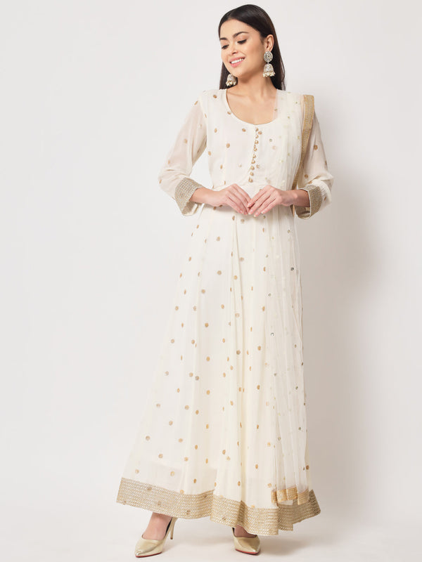 Women's Absolute Ivory Sequin Anarkali With Churidaar And Dupatta - Anokherang