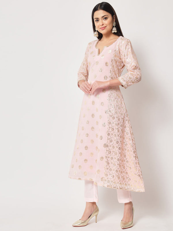 Women's Pink Lotus Chanderi Brocade A-Line Kurti With Pants - Anokherang