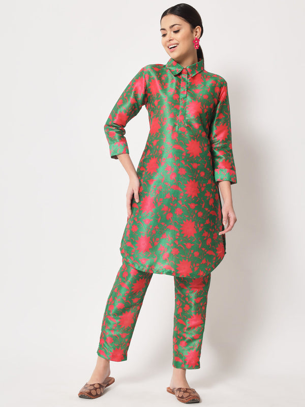 Women's Green Pink Collared Co-Ord Set - Anokherang