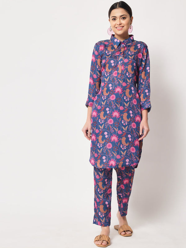 Women's Blue Floral Collared Co-Ord Set - Anokherang