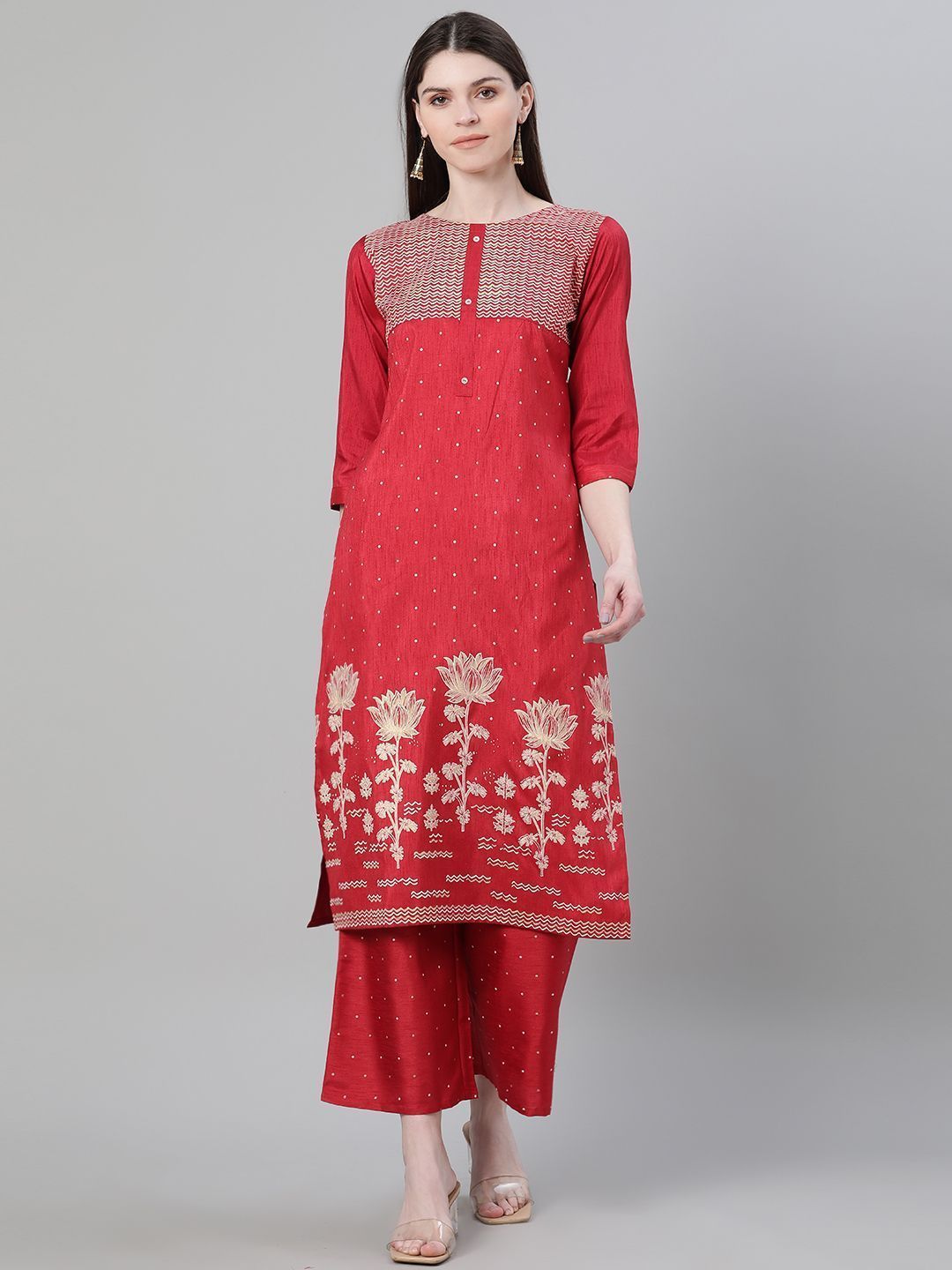 Women's Red Color Foil Print Straight Kurta And Palazzo Set - Ziyaa