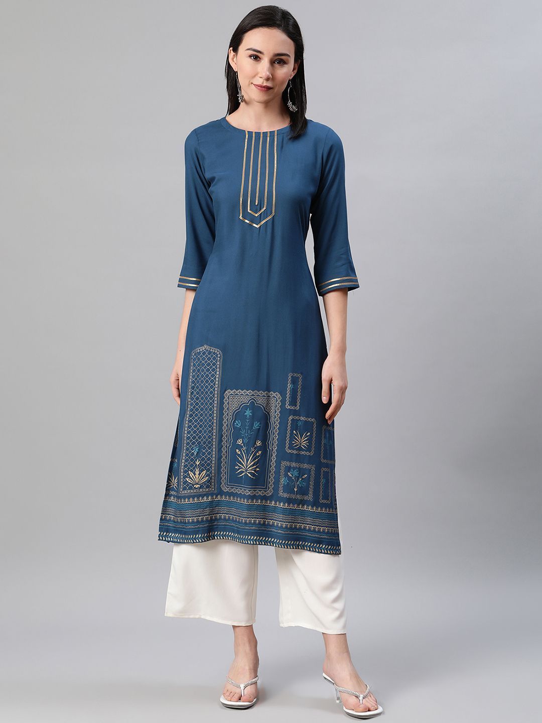 Women's Teal Color Foil Print Flared Kurta And Palazzo Set - Ziyaa