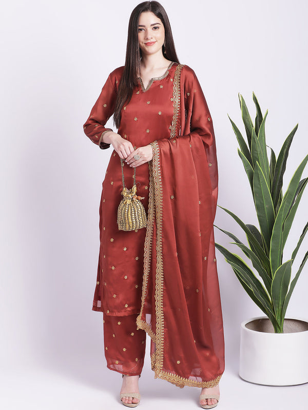 Women's Glam Rust Embroidered Kurti With Straight Palazzo And Embroidered Dupatta - Anokherang