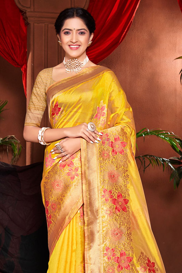 Women's Yellow Silk Woven Zari Work Traditional Tassle Saree - Sangam Prints