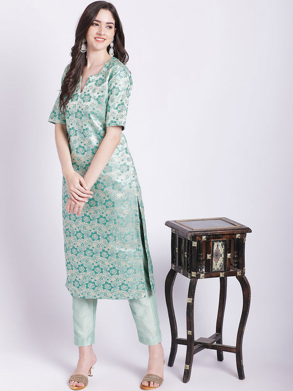 Women's Aqua Green Banarsi Straight Kurti With Pants - Anokherang