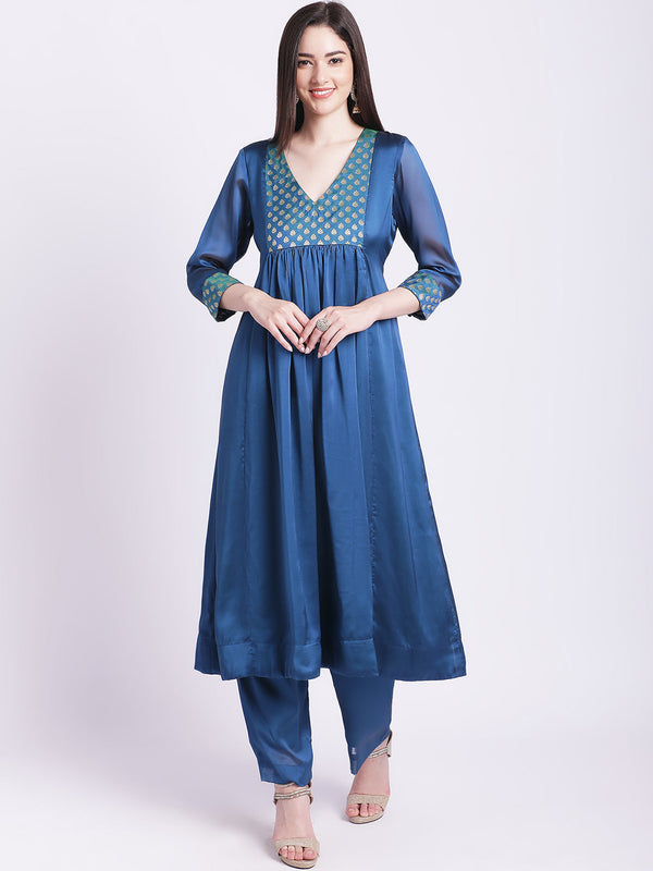 Women's Alluring Blue Yoke Gathered Kurti With Palazzo - Anokherang