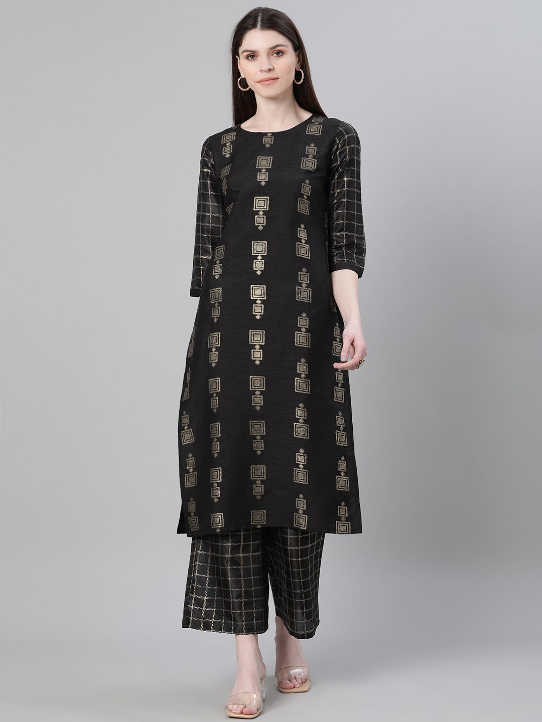 Women's Black Color Foil Print Straight Kurta And Palazzo Set - Ziyaa