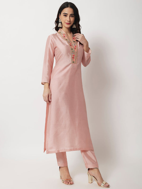 Women's Bridal Queen Peach Silk Kurti With Straight Pants - Anokherang