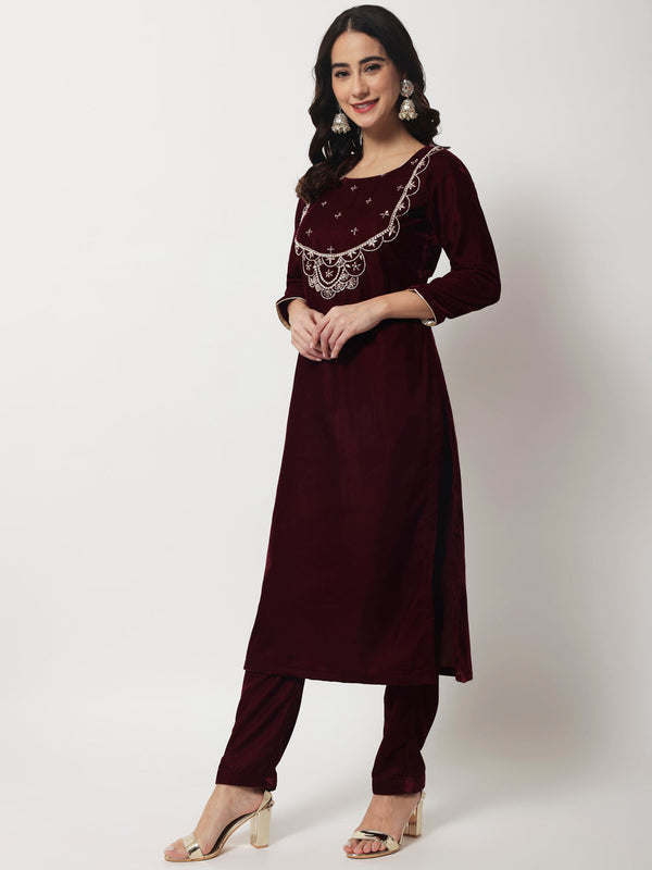 Women's Wine Embroidered Straight Velvet Kurti With Straight Pants - Anokherang