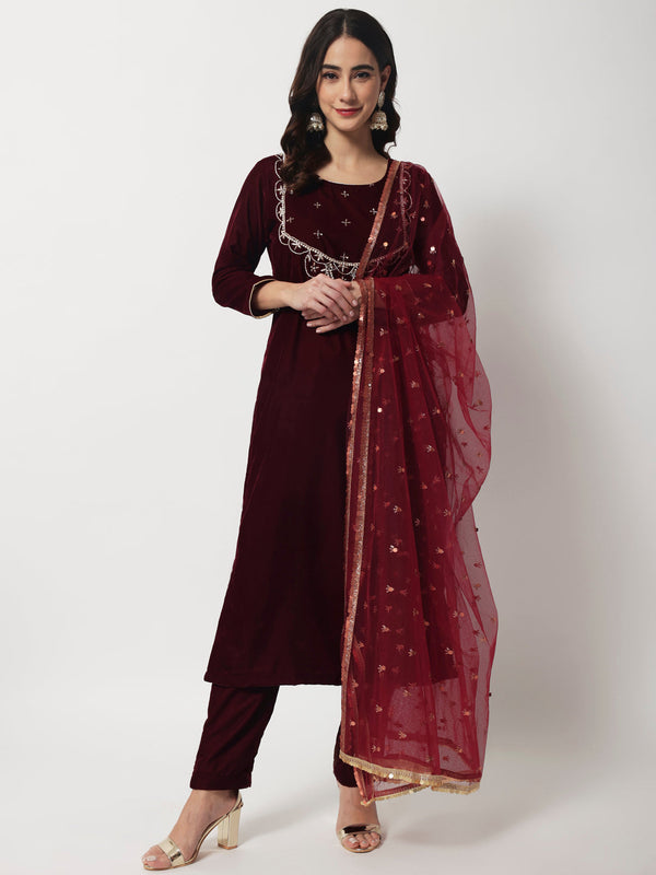 Women's Wine Embroidered Straight Velvet Kurti With Straight Pants And Net Dupatta - Anokherang