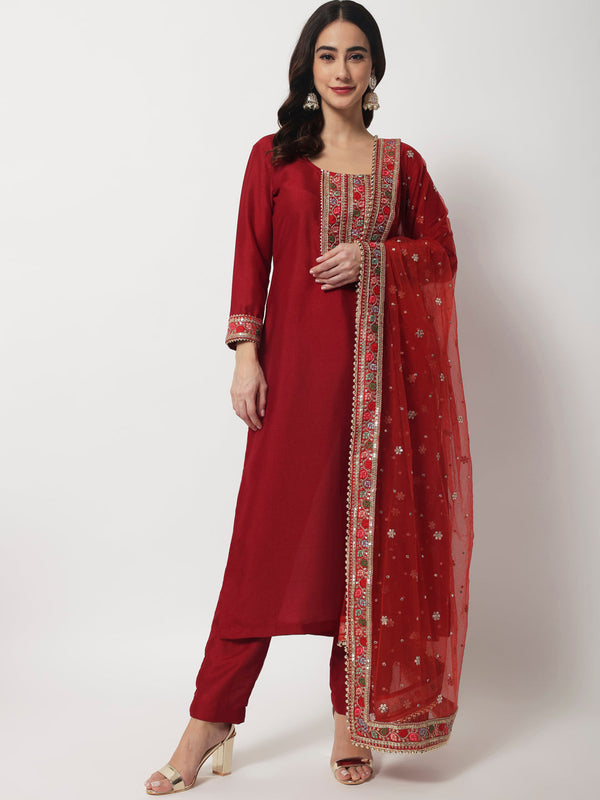 Women's Bridal Queen Maroon Silk Kurti With Straight Pants With Net Stone Dupattta - Anokherang