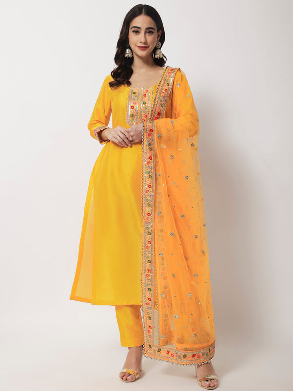 Women's Bridal Queen Mustard Silk Kurti With Straight Pants And Bridal Dupatta - Anokherang