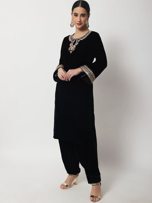 Women's Black Jewel Embroidered Velvet Kurti With Salwar - Anokherang