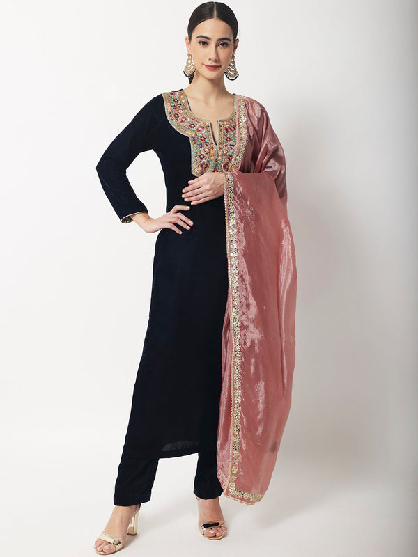 Women's Navy Blue Sapphire Velvet Kurti With Straight Pants And Pink Silk Dupatta - Anokherang