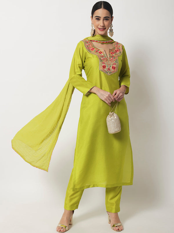 Women's Lime Green Floral Embroidered Kurti With Straight Pants And Chiffon Dupatta - Anokherang