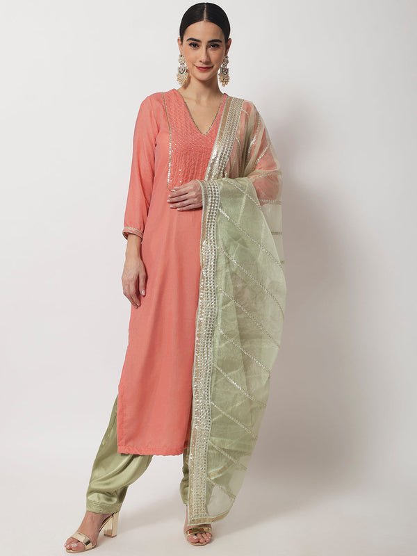 Women's Charming Pink Velvet Kurti With Green Satin Salwar And Organza Dupatta - Anokherang