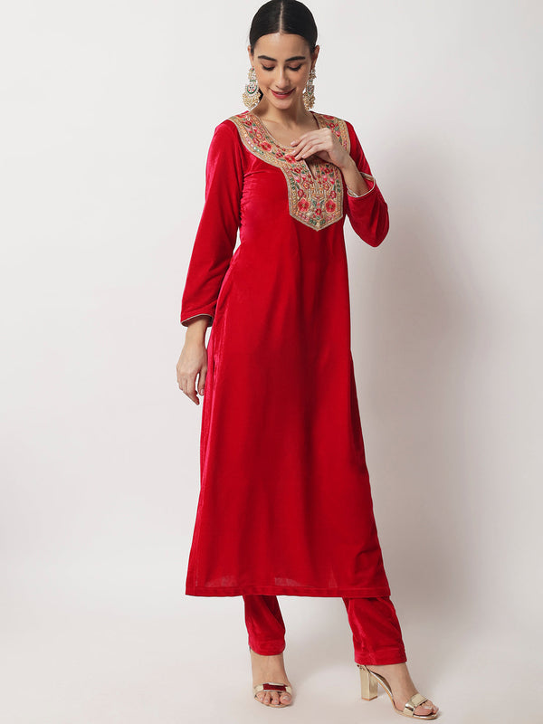 Women's Vibrant Pink Straight Velvet Kurti With Straight Pants And Scalloped Dupatta - Anokherang