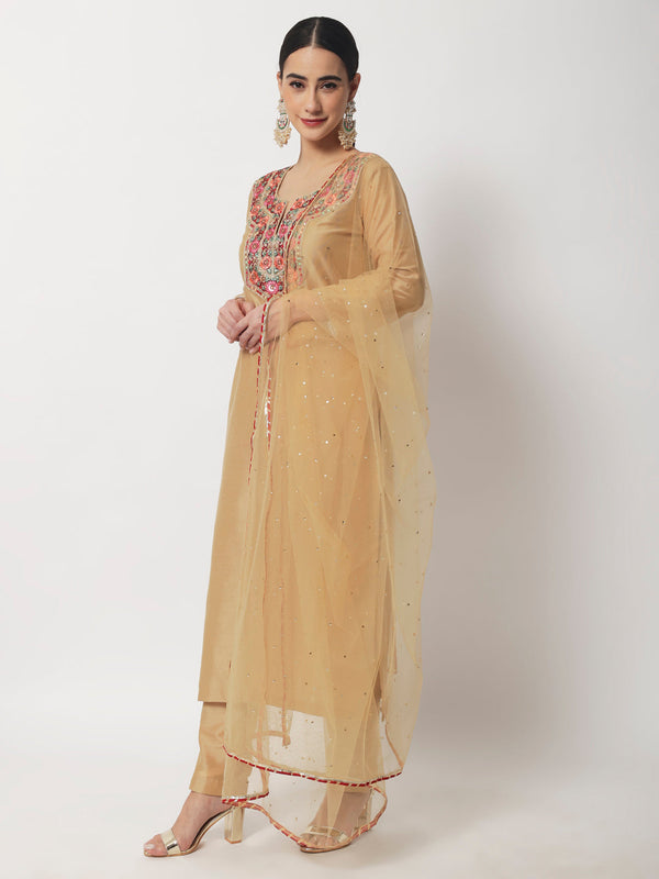 Women's Mellow Gold Straight Kurti With Straight Pants And Net Stone Dupatta - Anokherang