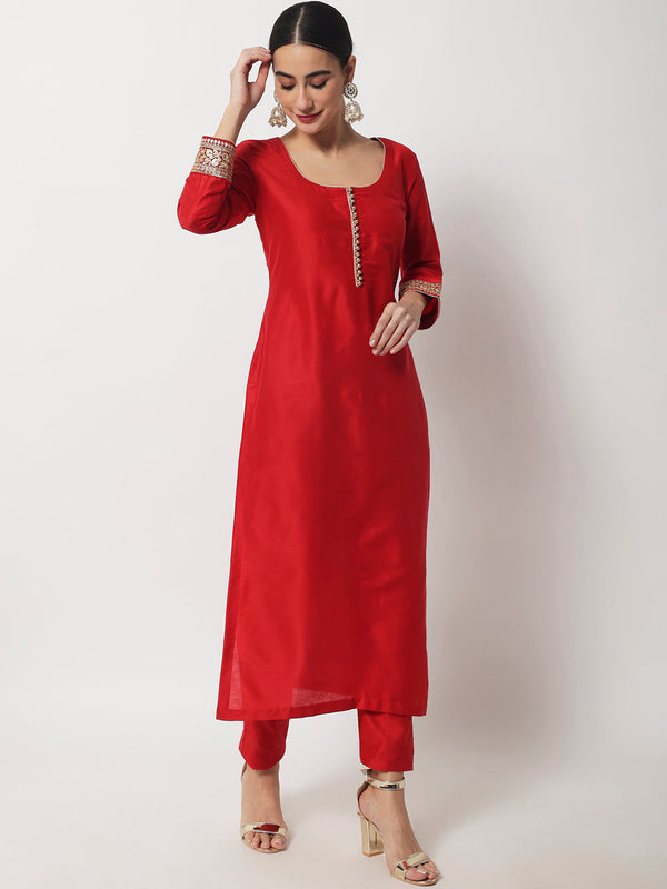 Women's Bridal Queen Red Silk Kurti With Straight Pants - Anokherang