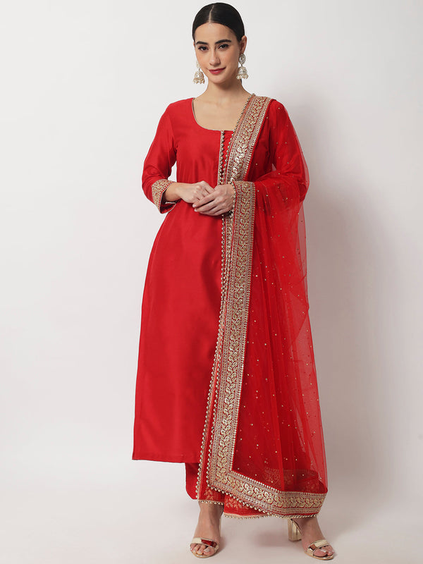 Women's Bridal Queen Red Silk Kurti With Straight Pants And Bridal Dupatta - Anokherang