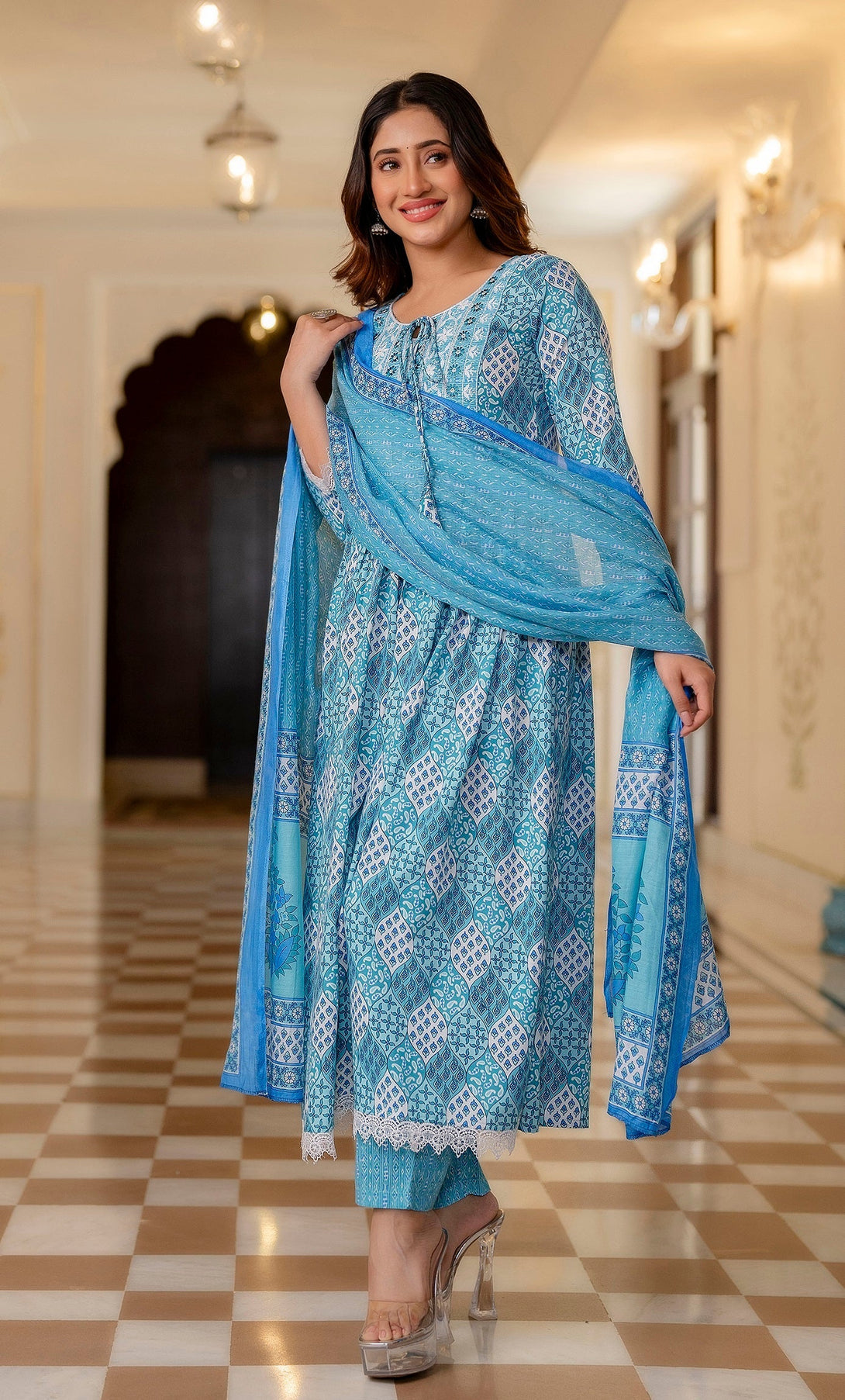 Women's Sky Blue Printed Viscose Rayon Kurta, Pant And Dupatta Set - Alvami