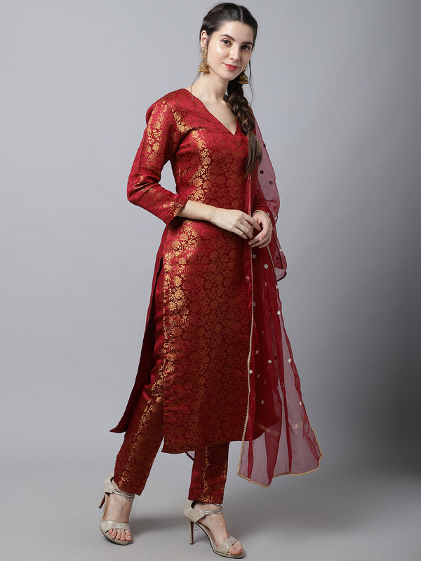 Women's Maroon Brocade Straight Kurti With Straight Pants And Organza Dupatta - Anokherang