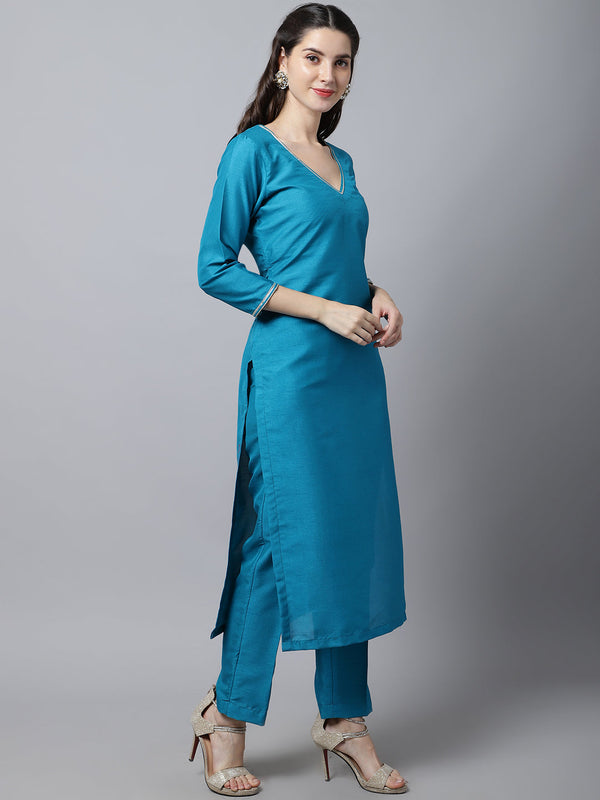 Women's Celeste Blue Silk Kurti With Straight Pants - Anokherang