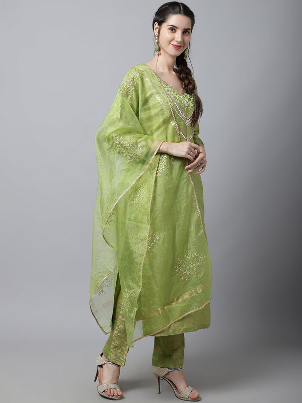 Women's Maharani Green Embroidered Kurti With Straight Pants And Organza Dupatta - Anokherang