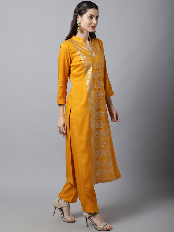 Women's Mustard Foil Printed Kurti With Straight Pants - Anokherang