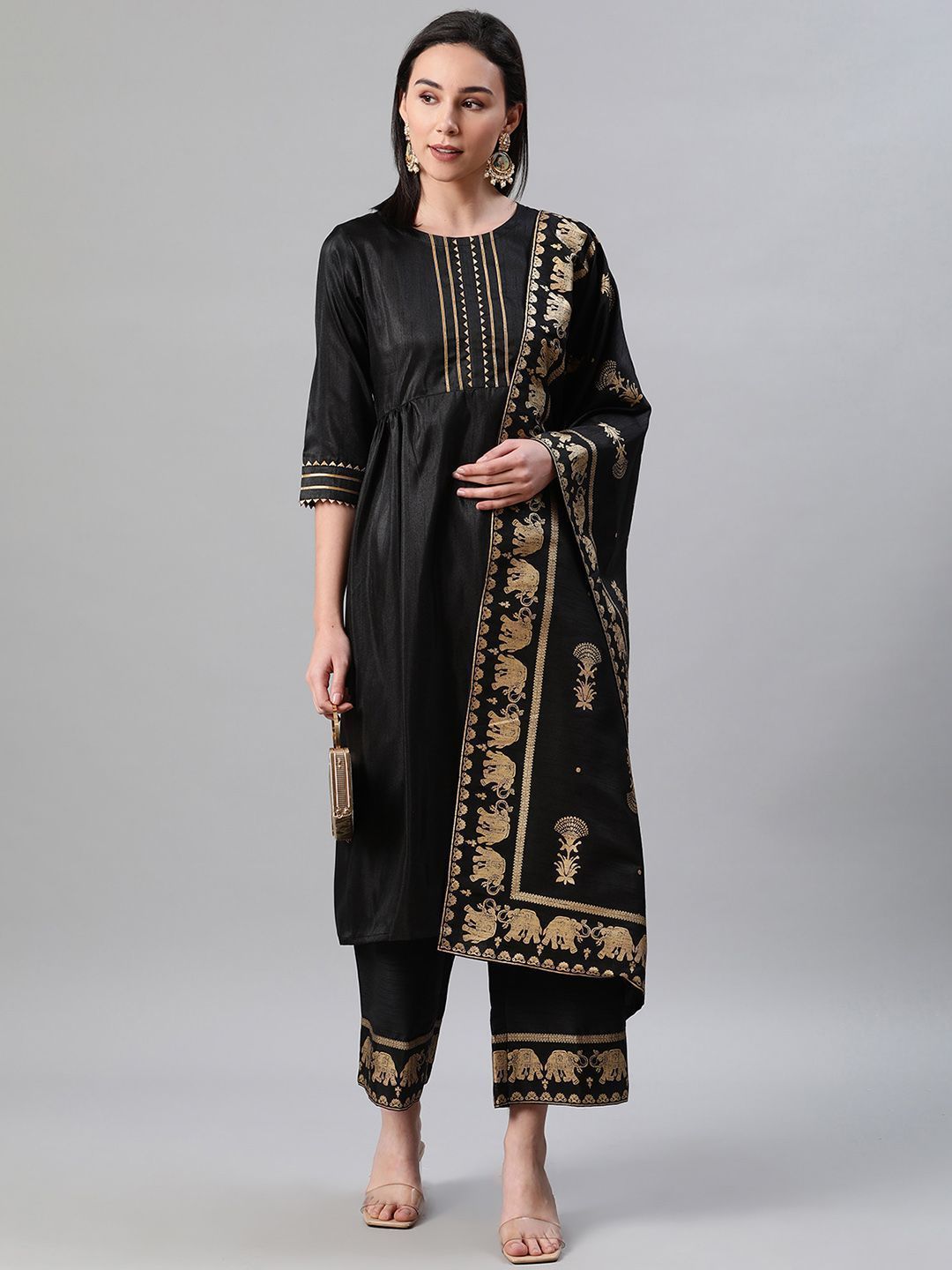 Women's Black Color Dyed Straight Kurta,Palazzo And Dupatta Set - Ziyaa