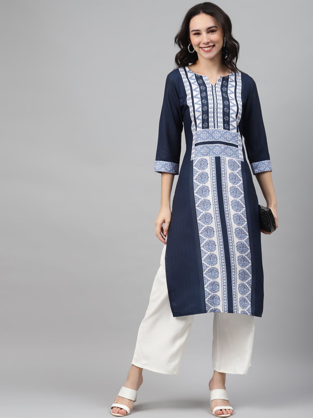 Women's Navy Blue Color Screen Print Straight Kurta And Palazzo Set - Ziyaa