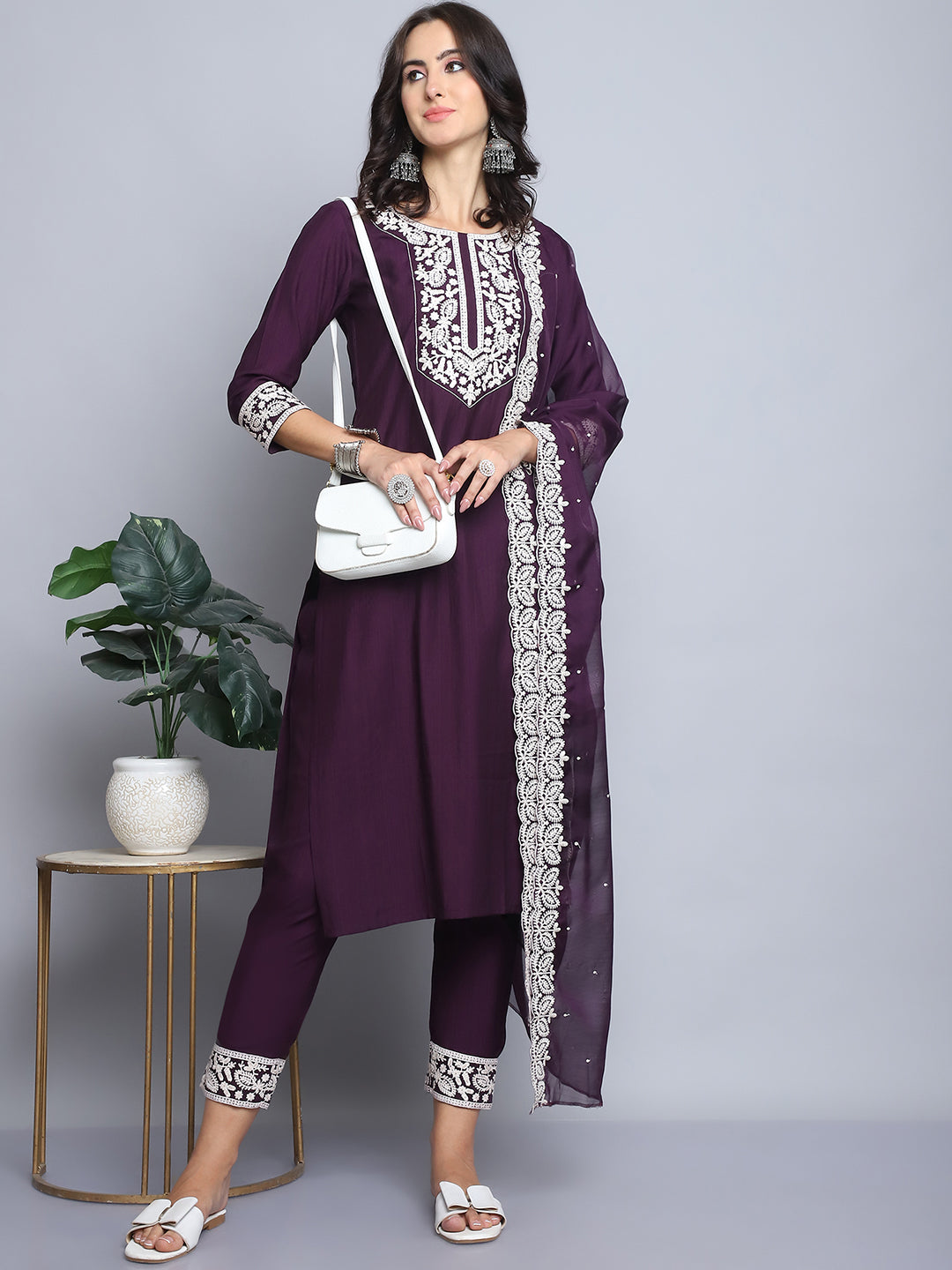 Women's Wine Silk Embroidery Kurti Pant With Dupatta - Alvami