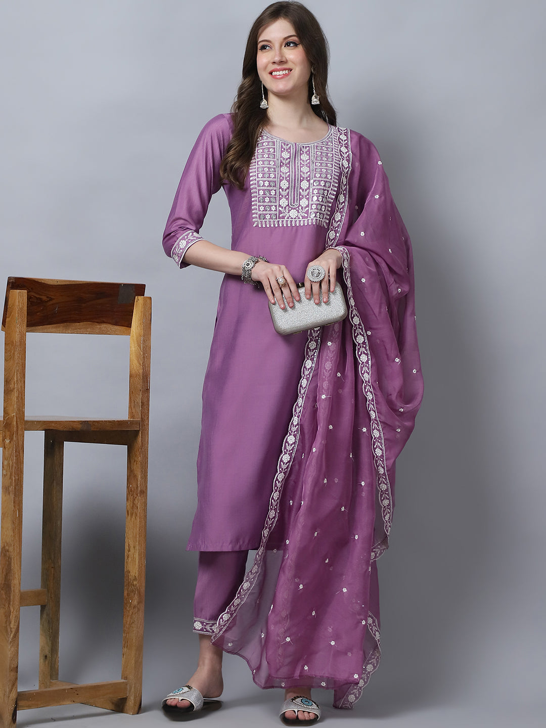 Women's Pink Silk Embroidery Kurti Pant With Dupatta - Alvami